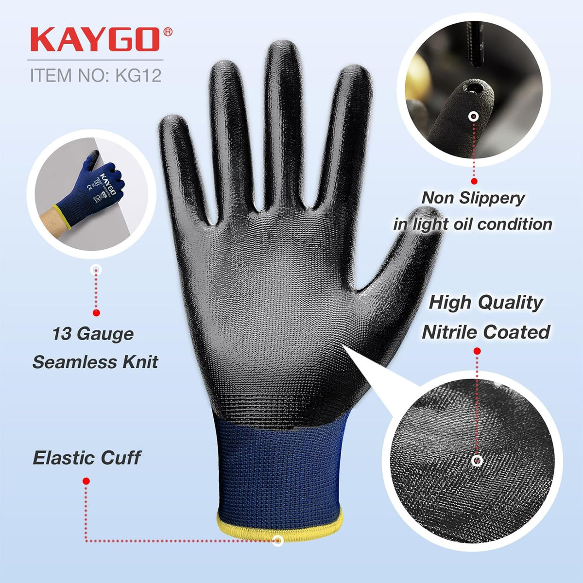 KAYGO Work Gloves Nitrile Coated, 12 Pairs KG12N，Seamless Knit, Protective Safety Work Gloves with