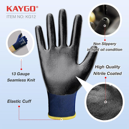 KAYGO Work Gloves Nitrile Coated, 12 Pairs KG12N，Seamless Knit, Protective Safety Work Gloves with