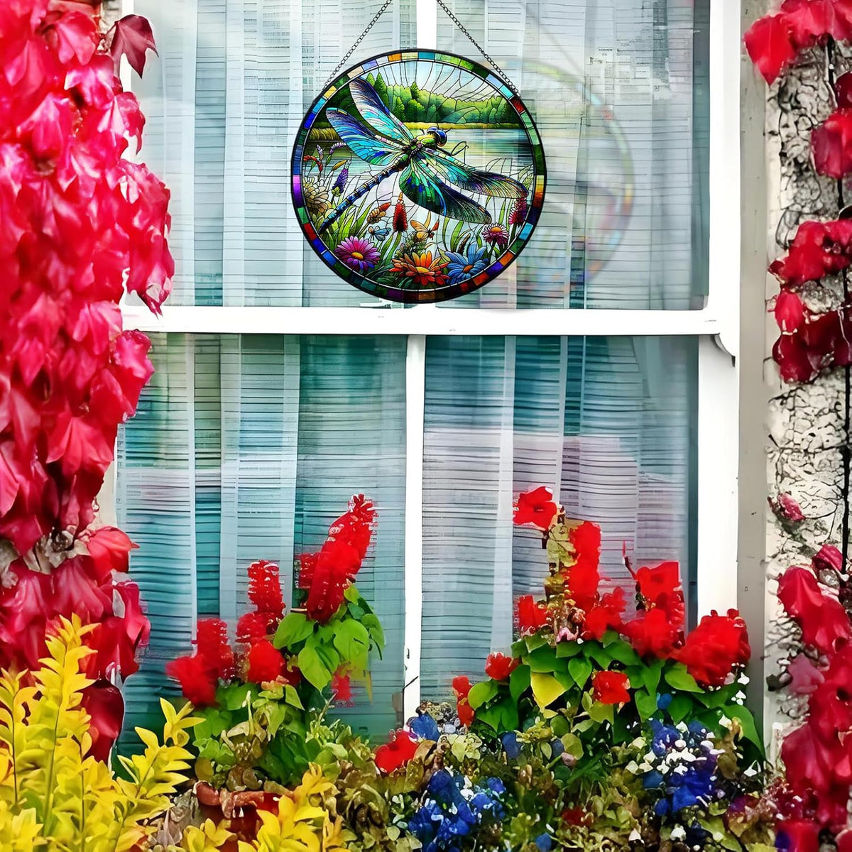 RIVEENY Stained Glass Window Hanging, Stain Glass Dragonfly Gifts Sun Catcher for Windows, 7.8 inch