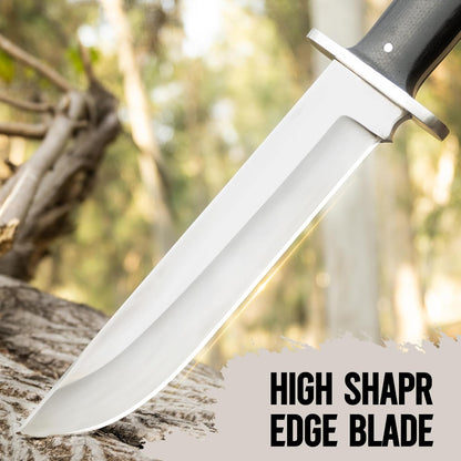 D2 13 Inch Full Tang Fixed Blade Bowie Knife with Leather Sheath - Suitable for Outdoor, Bushcraft