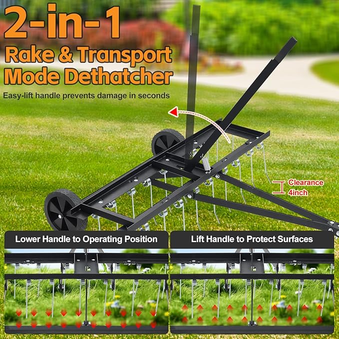 Tow Behind Dethatcher: 40inch Pull Behind Lawn Rake with 20 Spring Steel Tines Heavy Duty Lawn