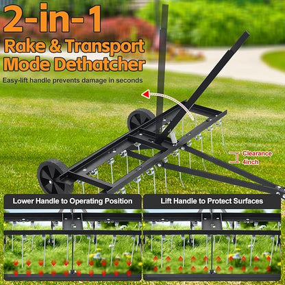 Tow Behind Dethatcher: 40inch Pull Behind Lawn Rake with 20 Spring Steel Tines Heavy Duty Lawn