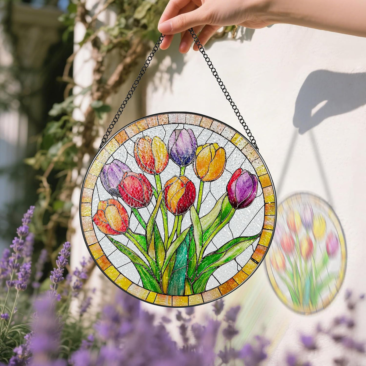 Stained Glass Window Hanging, 8 Inch Tulips Stained Glass Suncatcher, Botanical Lover Gift, Flowers