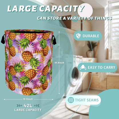 Tropical Pineapples Laundry Basket Foldable With Handles Palm Leaves Tote Bag Oxford Cloth Colorful