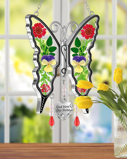 KY&BOSAM Butterfly Suncatcher God Bless Our Home Ornaments Stain Glass Sun Catchers for Windows