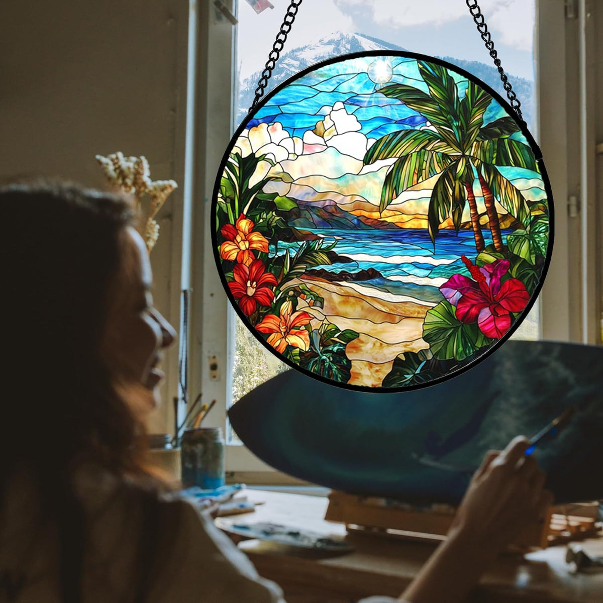 Stained Glass Window Hanging, Blue Beach Scenery Suncatcher Diamond Glass Panel Hangings Sun