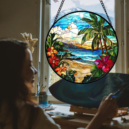 Stained Glass Window Hanging, Blue Beach Scenery Suncatcher Diamond Glass Panel Hangings Sun