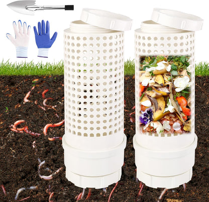 2 Packs Inground Worm Composter, Outdoor Worm Farm Compost Bin Kit with Lid for Raised Garden Beds