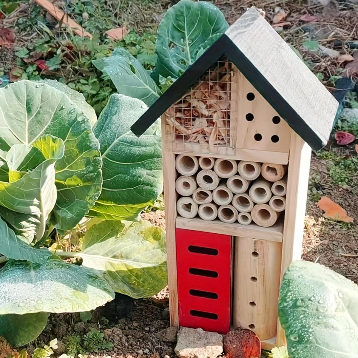 Insect Hotel Hanging Bee House Wooden Insect House, Natural Habitat for Beneficial Bees, Bugs