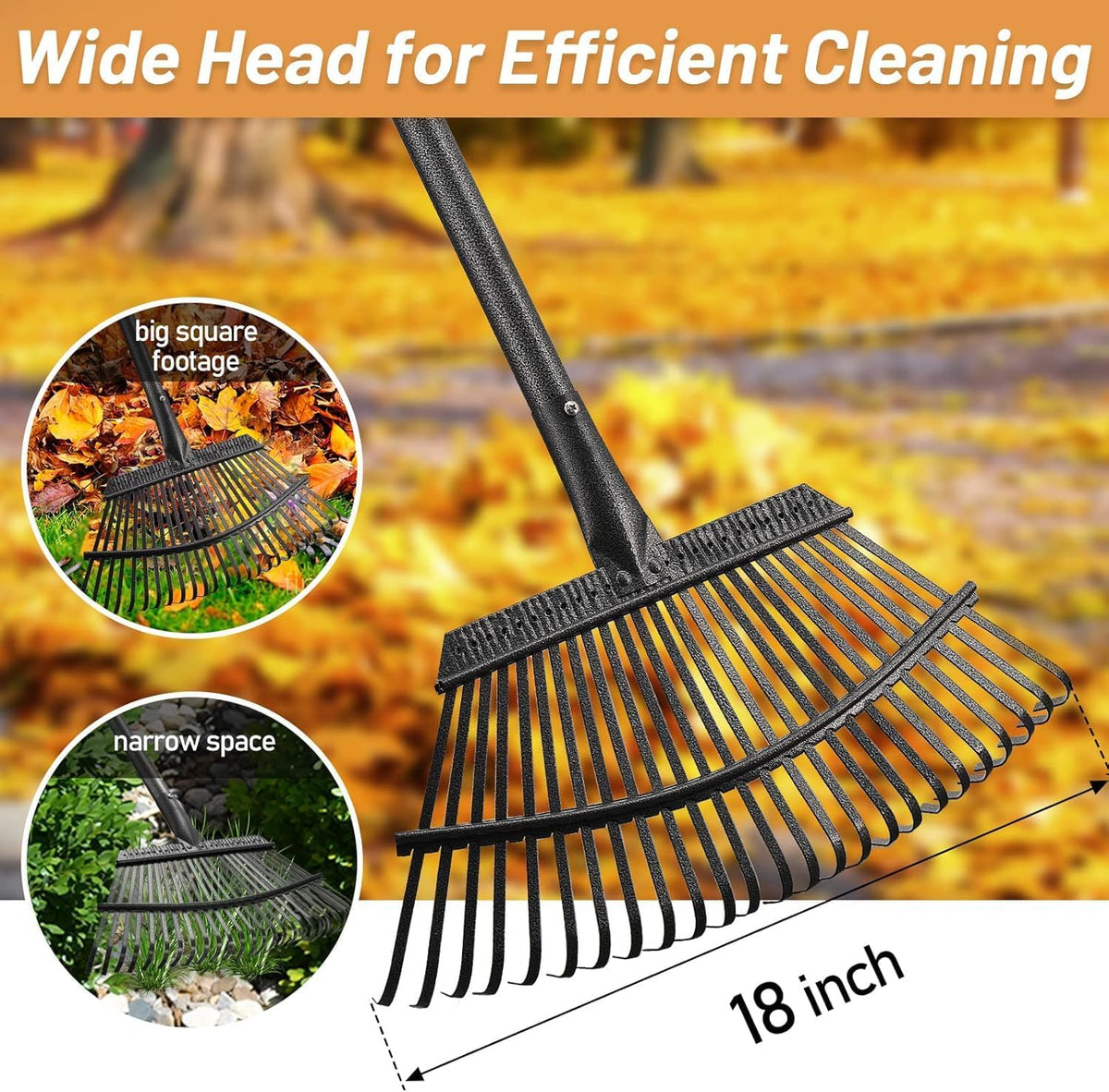 Garden Rake for Leaves, Leaf Rakes Heavy Duty for Yard,Lawn,Shrub,Grass,Mulch, 18" Metal Head,6ft