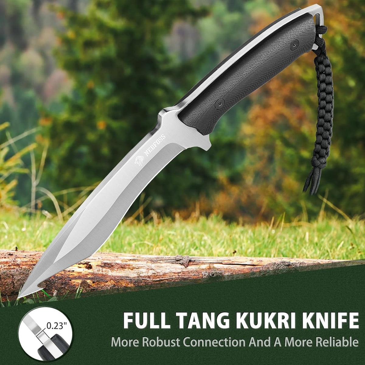 NedFoss Kukri Knife, Full Tang Hunting Knife with Sheath, 6" AUS-8 Steel Fixed Blade, 0.23"