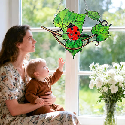 Stained Glass Suncatcher Window Hanging, Ladybug Sun Catchers Indoor Window, Green Leaves and