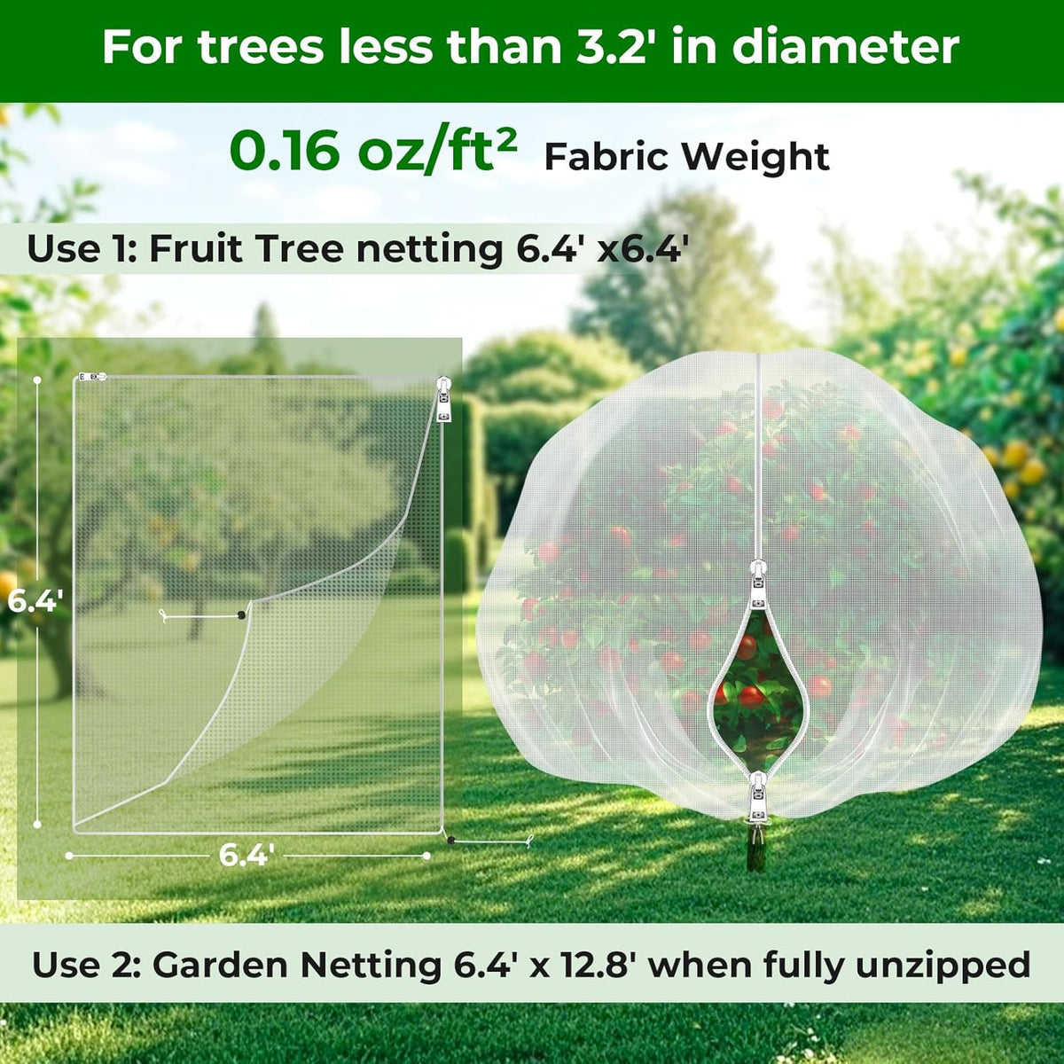 Fruit Tree Netting with 2-Way Zipper & Drawstring - 6.4'x6.4' Garden Plant Net Pest Barrier to