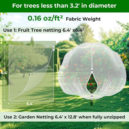 Fruit Tree Netting with 2-Way Zipper & Drawstring - 6.4'x6.4' Garden Plant Net Pest Barrier to