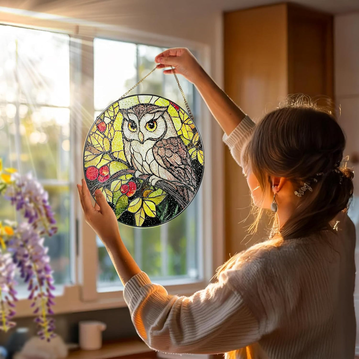Stained Glass Window Hanging, 8 Inch Owl Suncatcher Stained Glass Ornament, Suncatchers for Windows