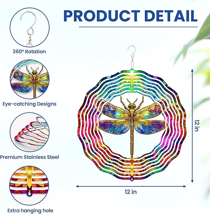 FLAGWIX Christmas Dragonfly Gifts for Women - 3D Stainless Steel Metal Wind Spinners 12 in