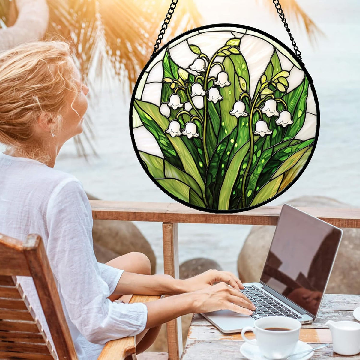 Stained Glass Window Hanging, Lily of The Valley Flower Sun Catchers Colorful Glass Panel Green