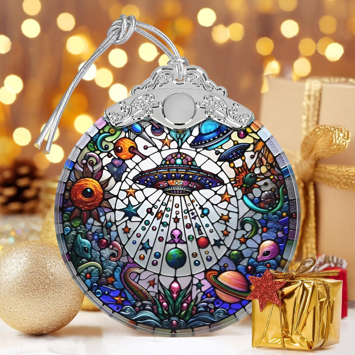 UFO Alien Stained Glass Ornament, Christmas Ornaments, Christmas Tree Decorations, UFO Alien