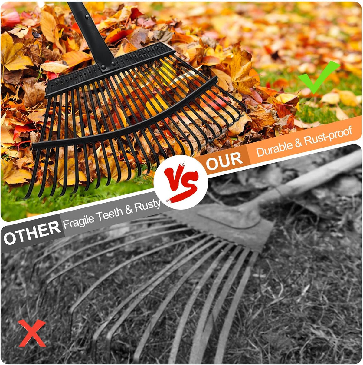 Rake for Leaves, 25 Metal Tines Wide Leaf Rake, 60'' Leaf Rakes for Lawns with Adjustable Steel