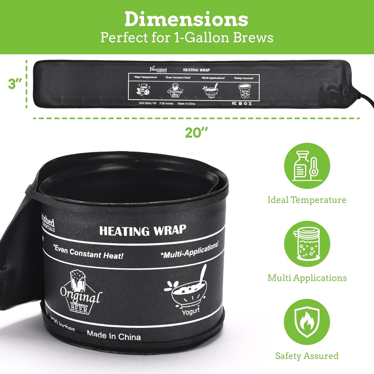 Nourished Essentials | Kombucha Heating Wrap Black - 3''x20'' - Precise Temperature Control for