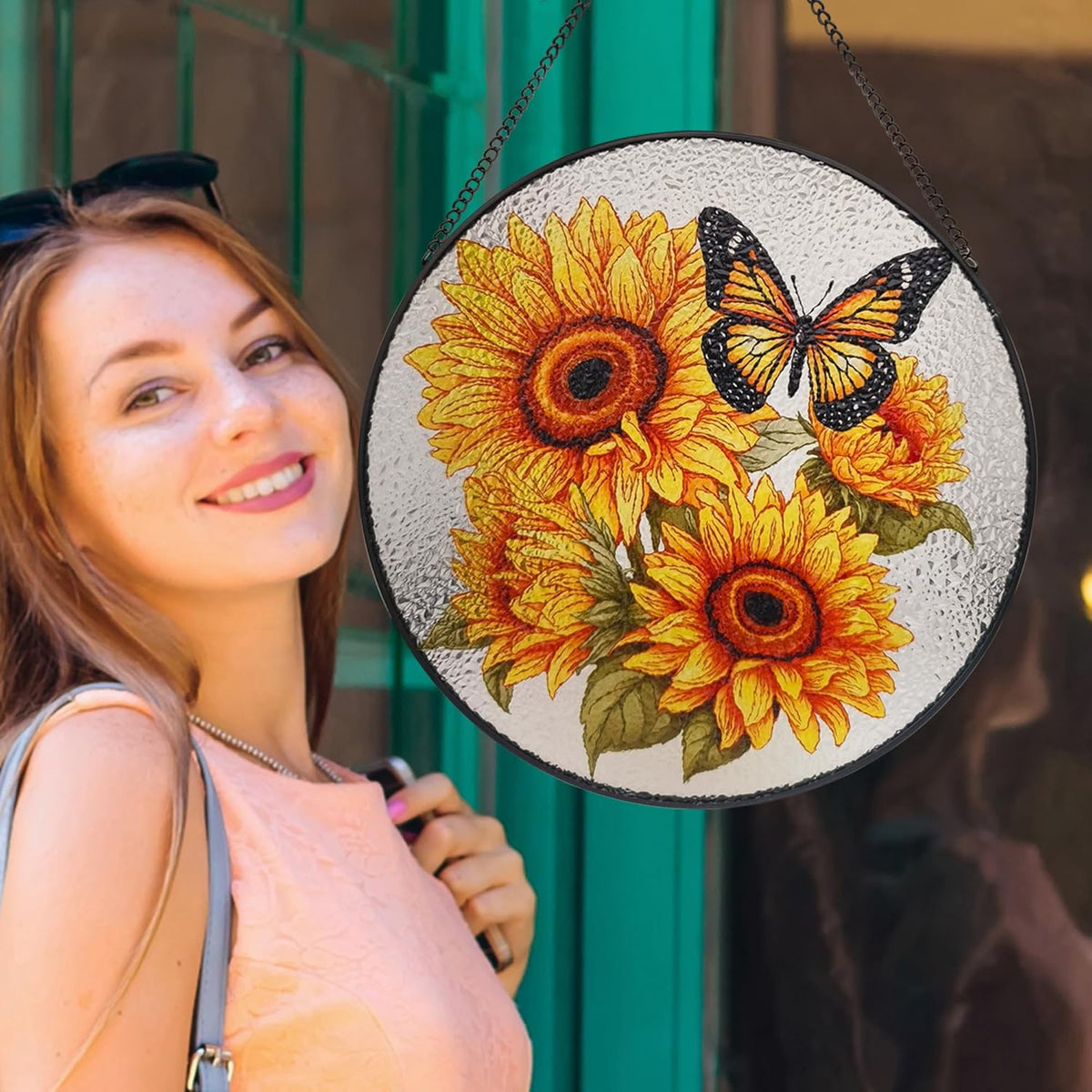 9.8'' Sunflower Butterfly Suncatcher Hanging Stained Glass Window Decor, Flowers Bush Butterfly Sun