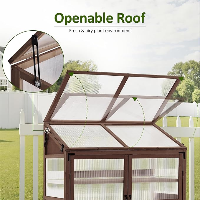 Macrout Cold Frame Greenhouse, Large Wooden Greenhouse Cabinet, Garden Cold Frame with Adjustable
