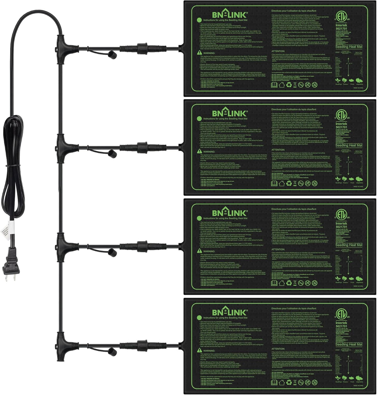 BN-LINK Seedling Heat Mat for Seed Starting 10" x 20.75", 4 Pack Daisy Chainable Waterproof Warming