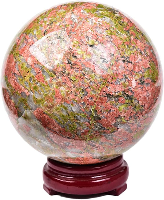 JIC Gem Crystal Sphere Balls Unakite Healing Crystal Ball with Wood Base for Reiki Chakra Decor