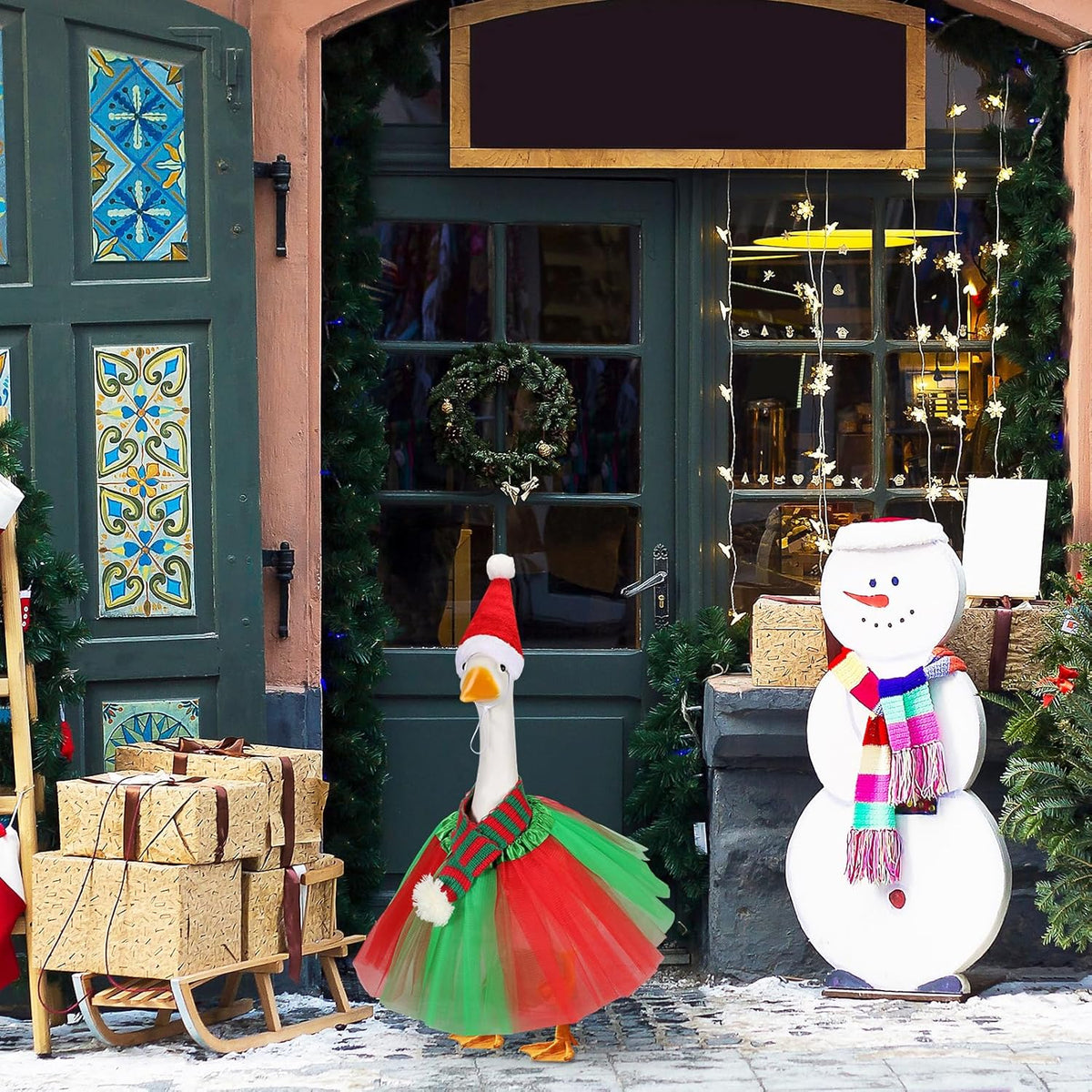 3 Pcs Christmas Porch Goose Outfit for 23'' Lawn Porch Goose Statue Clothes Santa Hat Tutu Costume