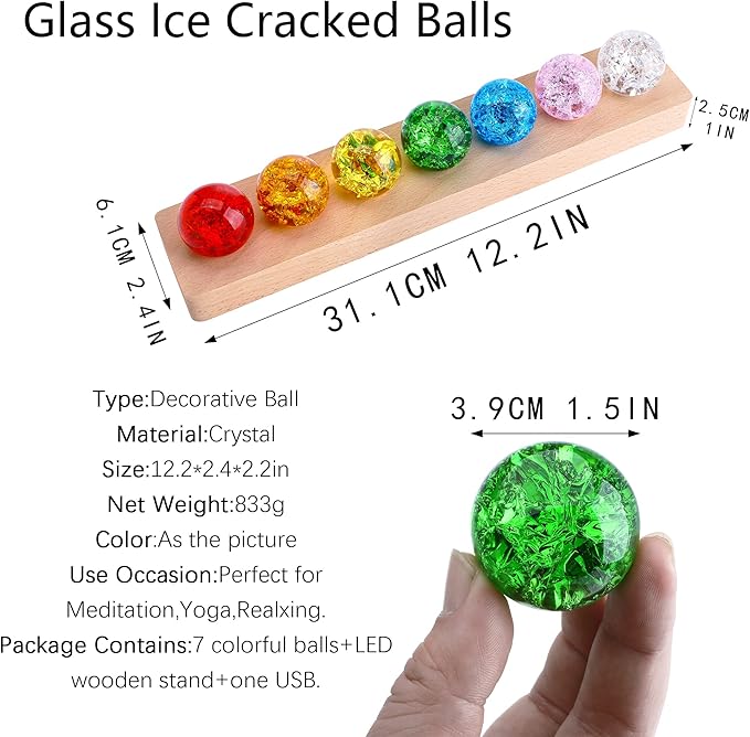 7 Colors 40mm Ice Cracked Balls Crystal Chakra Balls with LED Wooden Base Glass Healing Sphere
