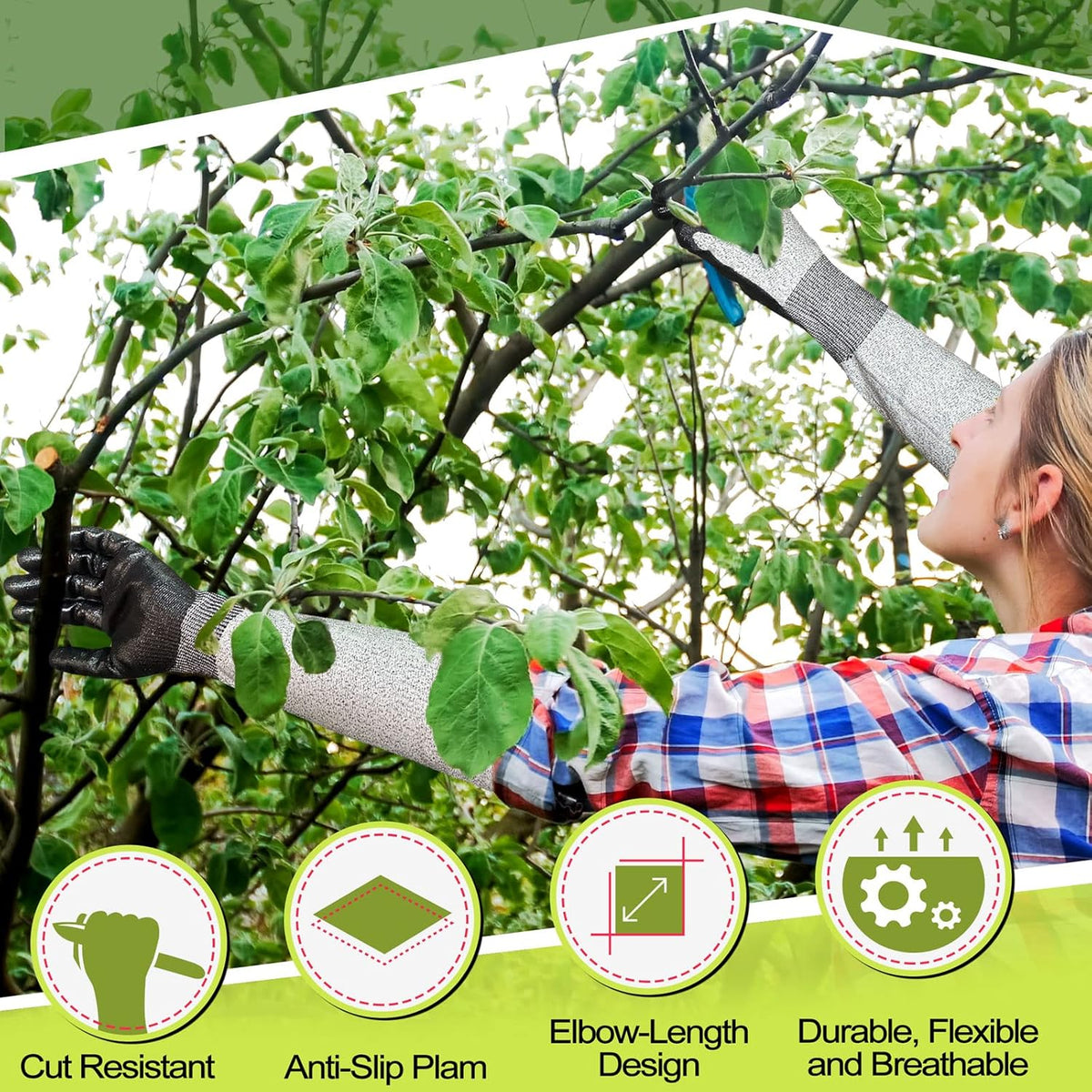 Evridwear Long Gardening Gloves Cut Resistant Sleeves with Anti-slip Nitrile Coated Palm for