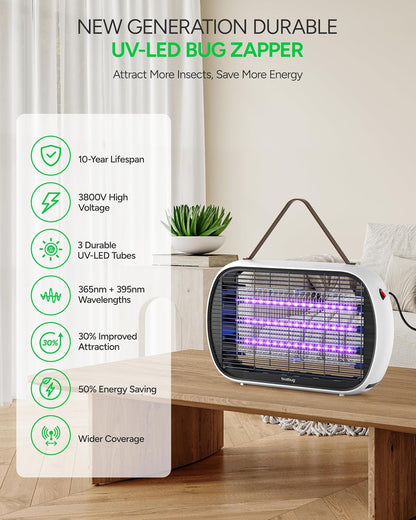 Buzbug Upgraded LED Bug Zapper Indoor, 10 Years Lifespan 3 Lamps Sustainable Less Power, 3800V