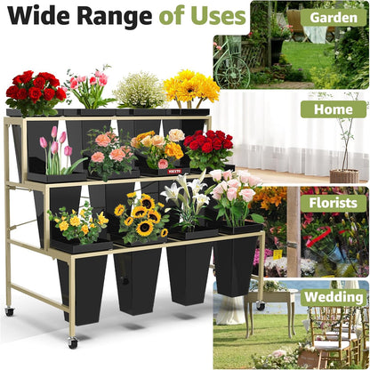 Flower Display Stand 3 Layers with Buckets, 12 PCS Buckets Plant Stand with Wheels, Movable Metal