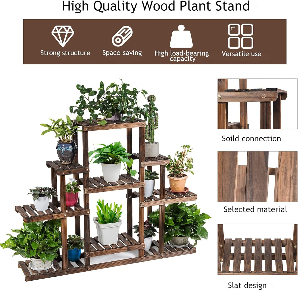 COSTWAY 6-Tier Multifunctional Wood Flower Stand, Shelf Holder for Multiple Plants, Freestanding