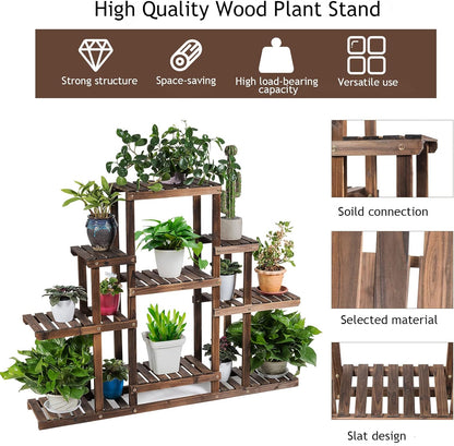 COSTWAY 6-Tier Multifunctional Wood Flower Stand, Shelf Holder for Multiple Plants, Freestanding