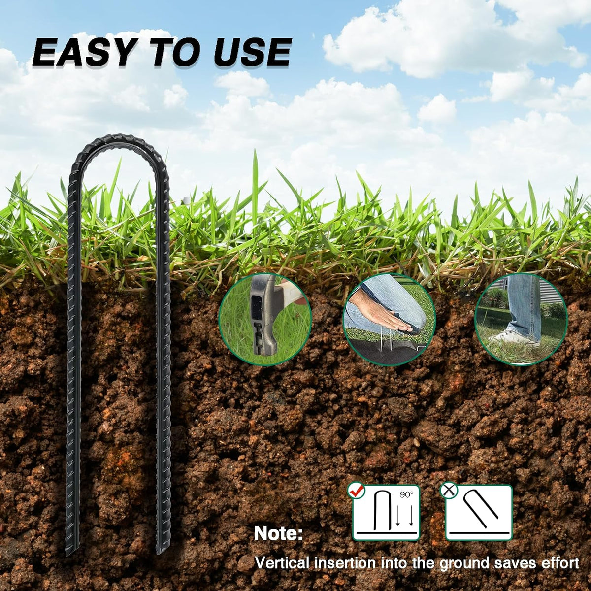 8 Inch Rebar Stakes Heavy Duty, 10 Pack Garden Stake U-Hook, Electrostatic Rust Proof Metal Stakes