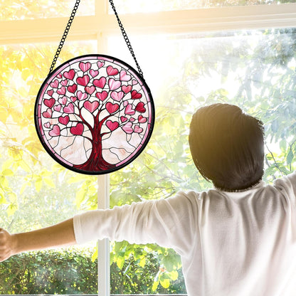 Stained Glass Window Hanging, Valentine's Day Gifts Pink Love Heart Tree Suncatcher Hangings Beige