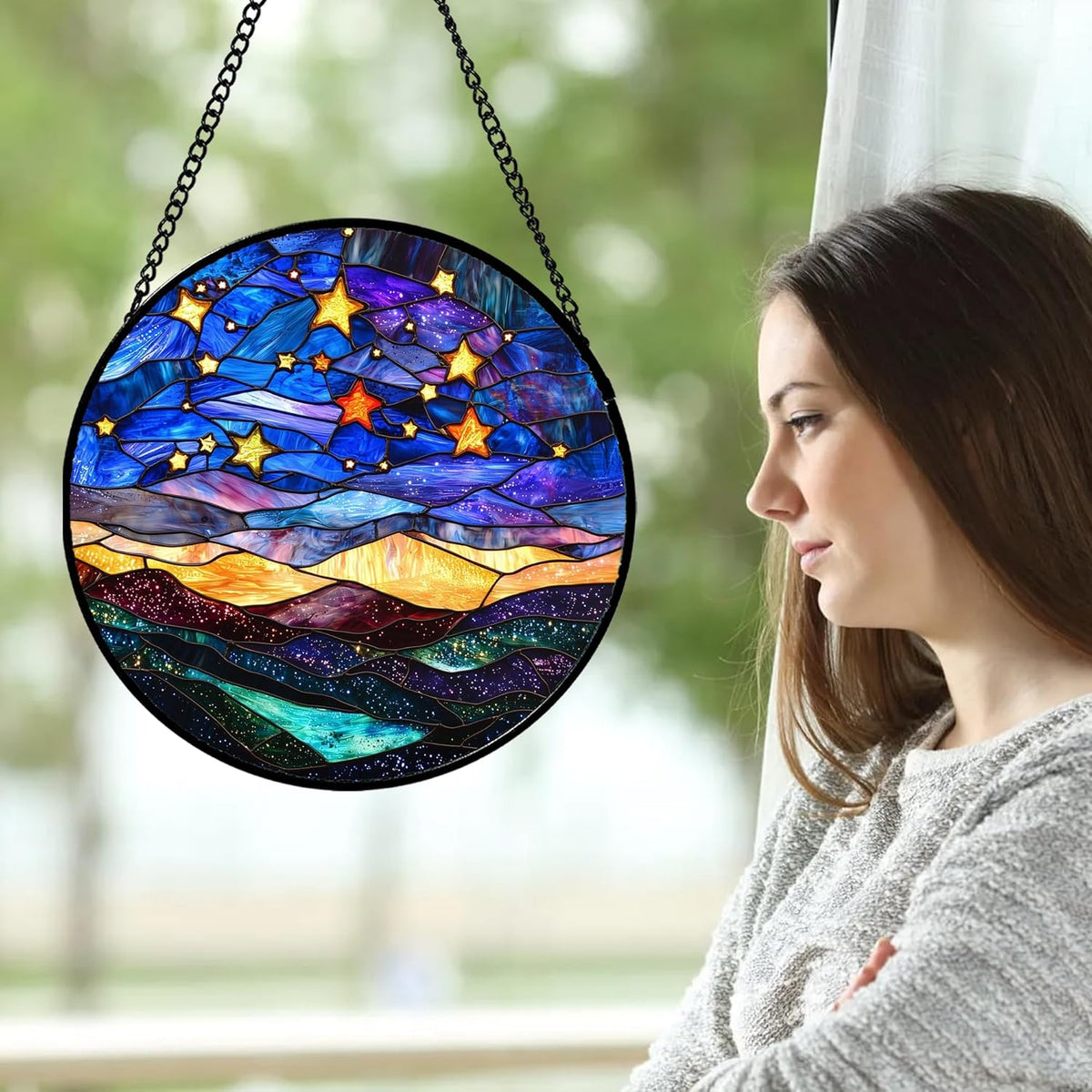 Stained Glass Window Hanging, Blue Sky Gold Stars Abstract Landscape Suncatcher for Doors Window
