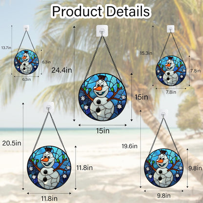 Stained Glass Window Hanging Christmas Funny Snowman 6.3" - Suncatcher Door Garden Blue White