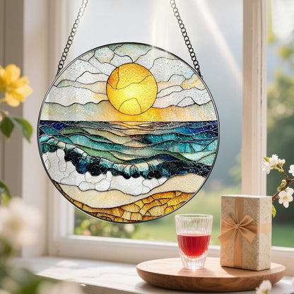 8-Inch Stained Glass Ornament, Stained Glass Window Hanging, Window Hanging Decor Suncatcher, Beach