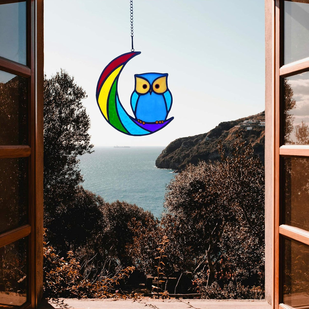 Stained Glass Owl Suncatcher Window Hanging Ornament, Stained Glass Birds Suncatcher for Window
