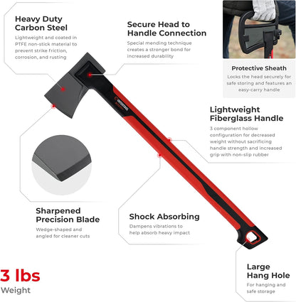INTERTOOL 24” Mid-Size Scout Axe, Long Camp Hatchet, Splitting, Chopping, Felling, Kindling