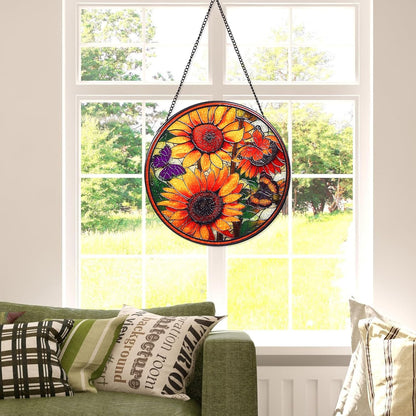 Sunflowers Handmade Stained Glass Window Hanging Suncatcher with Chain - 7.9" Outdoor/Indoor Art
