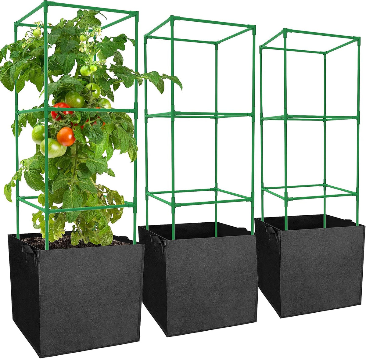 3 Packs 47 x 16 x 16 Inch Garden Tomato Cages with 17.7 Gallon Grow Bags- Square Plant Support