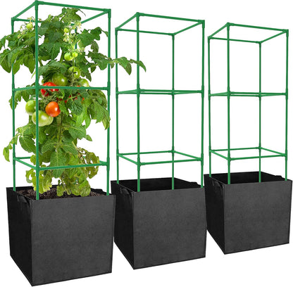 3 Packs 47 x 16 x 16 Inch Garden Tomato Cages with 17.7 Gallon Grow Bags- Square Plant Support