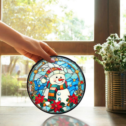 TNUW Snowman Christmas Stained Glass Window Hanging, Snowman Winter Xmas Flowers Sun Catchers