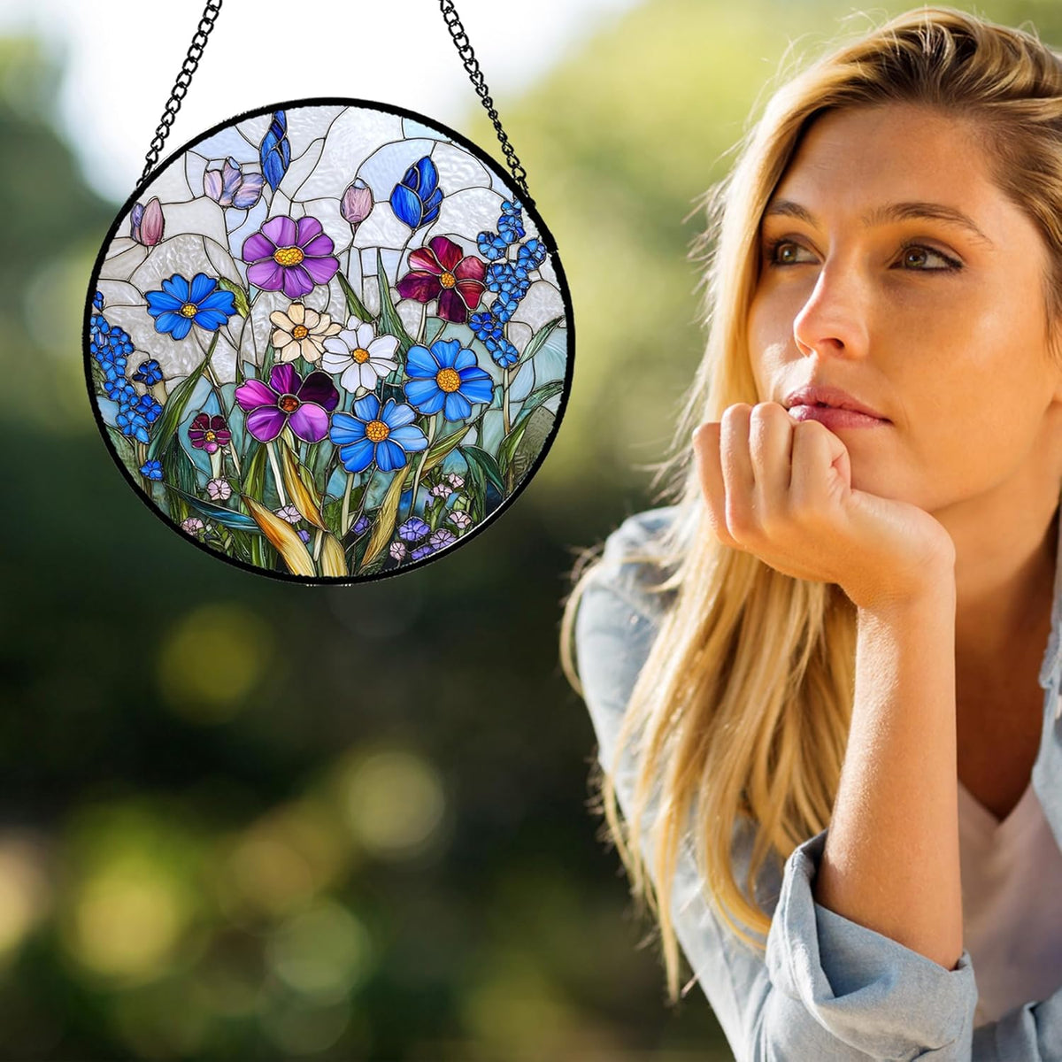 Stained Glass Window Hanging Blue Purple Wildflowers Large 11.8" - Suncatcher Door Garden Sunroom