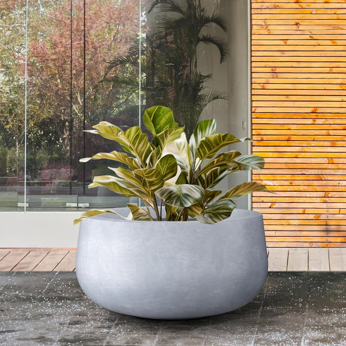 Kante 15.7" Dia Round Concrete Planter, Outdoor Indoor Garden Plant Pots with Drainage Hole and