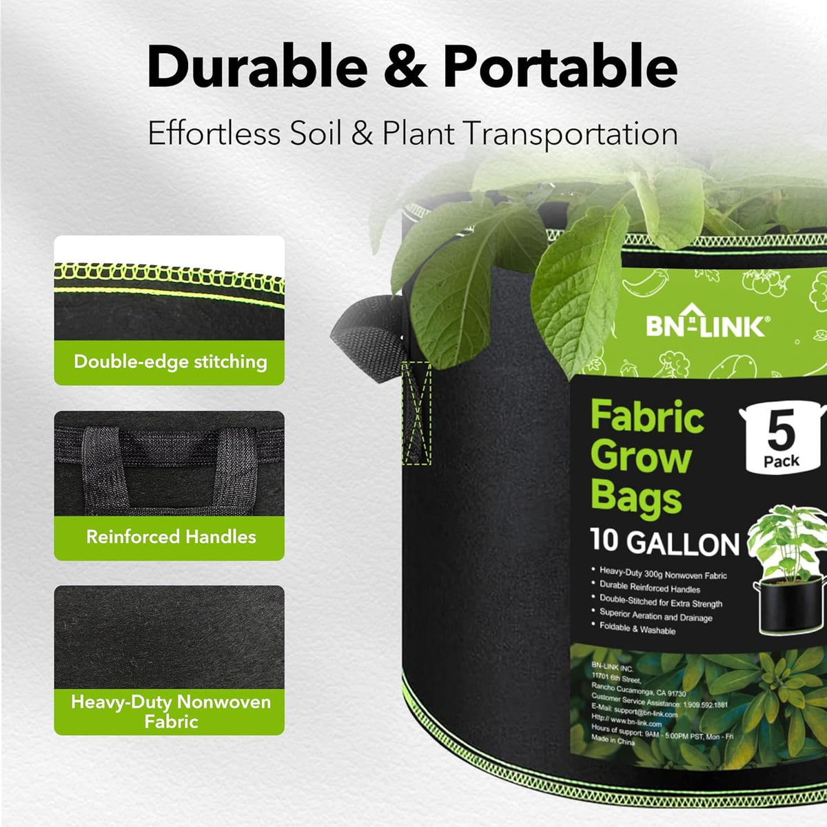 BN-LINK 5-Pack 10 Gallon Grow Bags, Heavy Duty Aeration Fabric Pots with Handles, Thickened