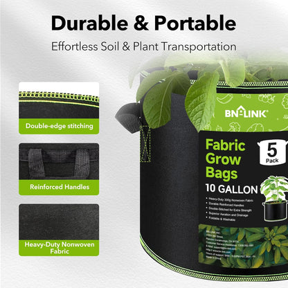 BN-LINK 5-Pack 10 Gallon Grow Bags, Heavy Duty Aeration Fabric Pots with Handles, Thickened